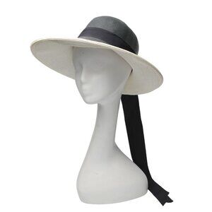 Vintage Filene's Wide Brim Straw Sun Hat Black White Grosgrain Ribbon Bow